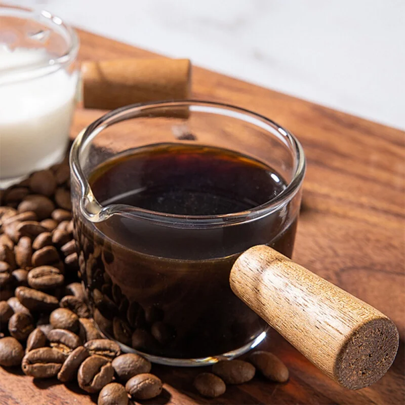 Espresso Shot Glass - 50/100ml Glass Measuring Cup Wooden Handle